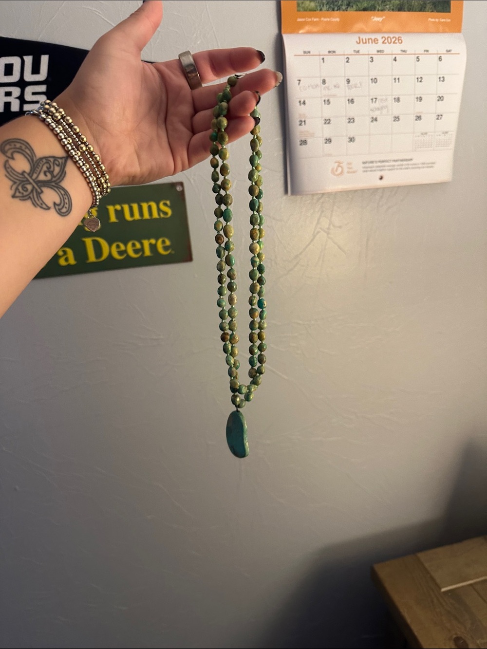 Green Turquoise Beaded Necklace with Slab Pendant